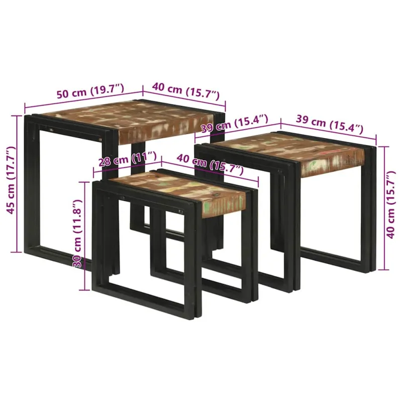Suklijuotas stalas 3 pcs Kietas atgautas medis ir metalas