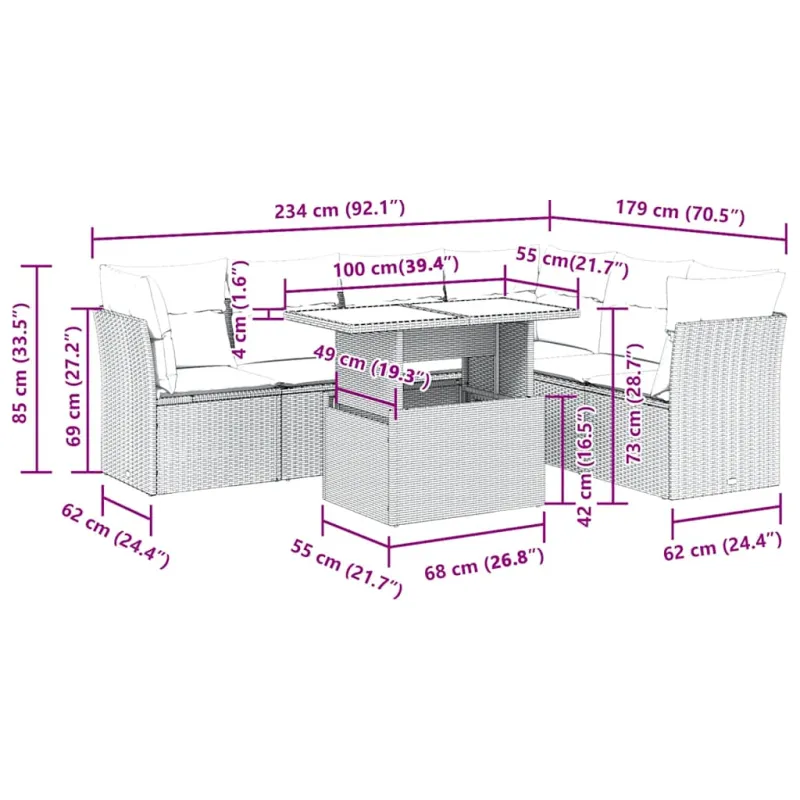 Sofos komplekti, 7 osaa, musta, polyrattana, sisältää tyynyt