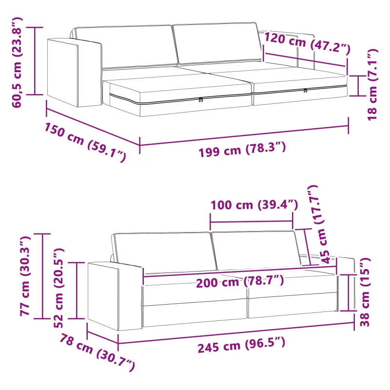 Sofa lova Tortora 245 x 78 x 77 cm audinys