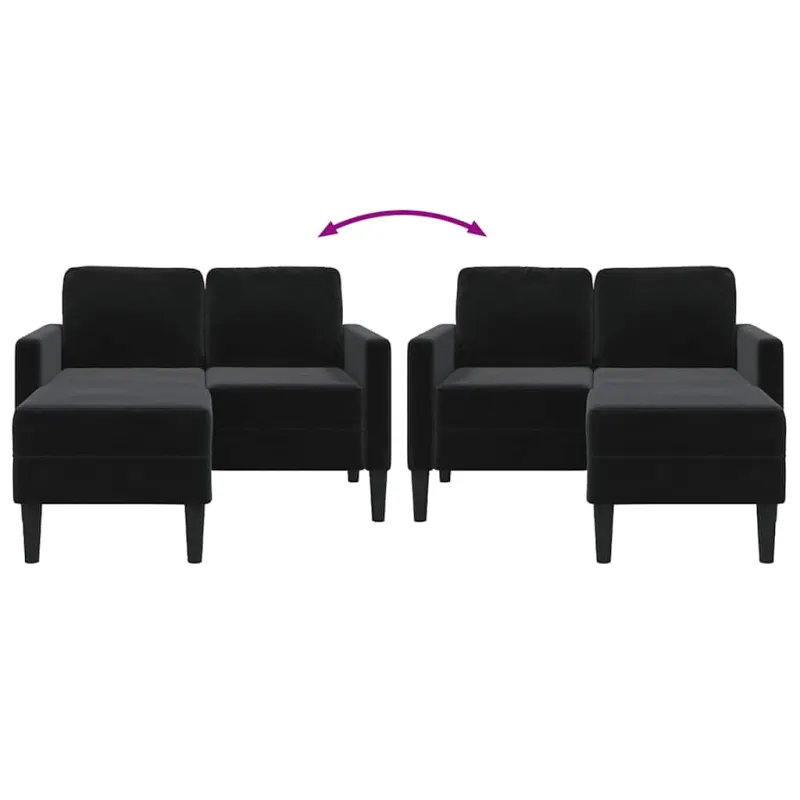 Dvivietė sofa su šezlongu, L formos, juoda, 125 cm, aksominis