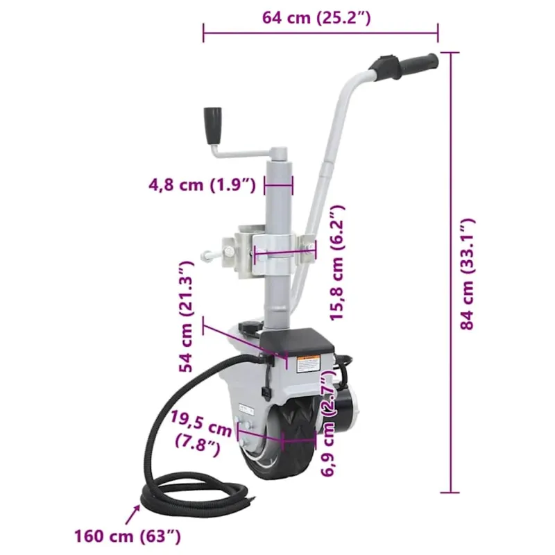 Atraminis ratukas su varikliu priekabai, aliuminis, 12V, 350W