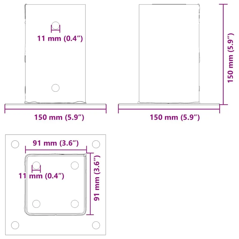 Stulpų pagrindai kvadratiniai, 12vnt., sidabriniai, 91x91mm