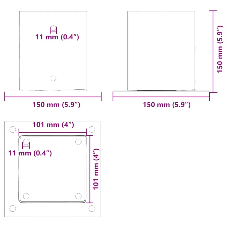 Stulpų pagrindai kvadratiniai, 12vnt., sidabriniai, 101x101mm