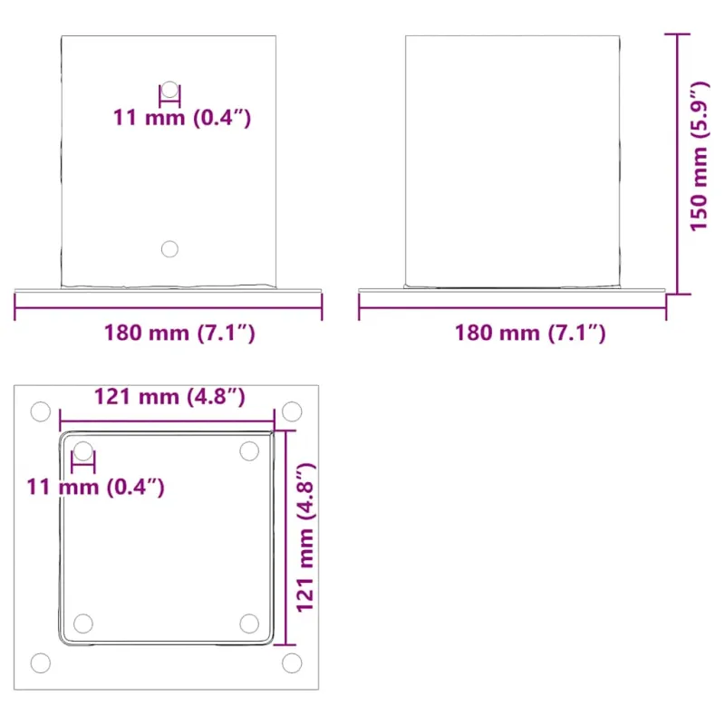 Stulpų pagrindai kvadratiniai, 4vnt., sidabriniai, 121x121mm