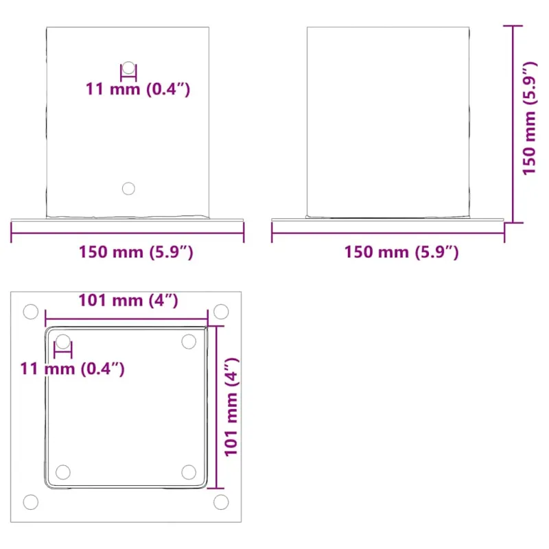 Stulpų pagrindai kvadratiniai, 4vnt., antracito sp., 101x101mm