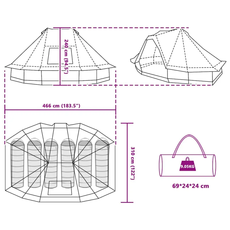Tipi palapinė Pilka ir oranžinė 466 x 310 x 240 cm tafta