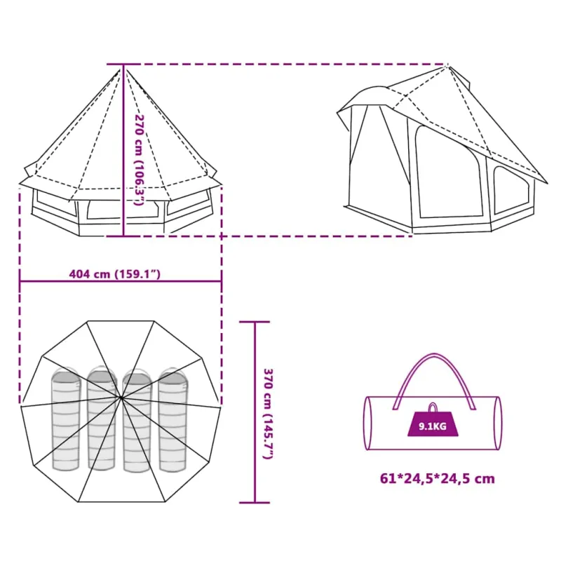 Tipi palapinė su stogu Žalia 404 x 370 x 270 cm tafta