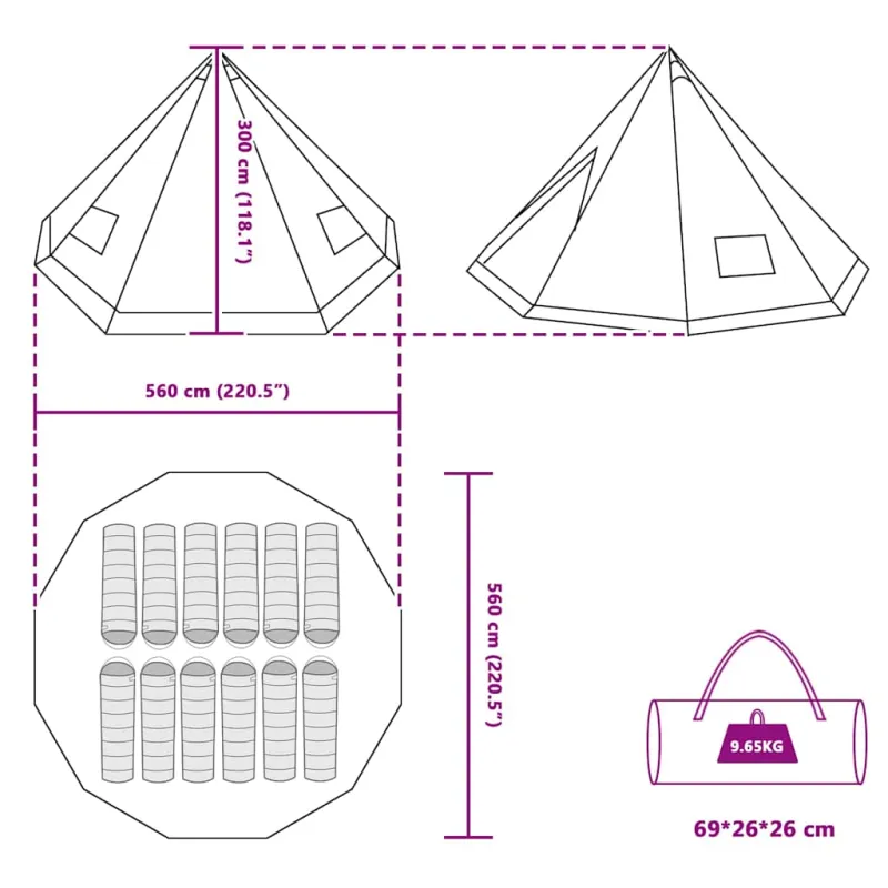 Tipi palapinė su stogu Žalia 560 x 560 x 300 cm tafta