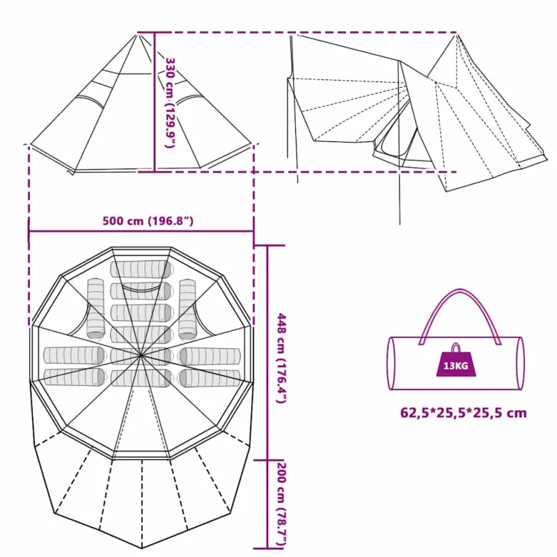 Tipi palapinė Pilka ir oranžinė 510 x 690 x 330 cm tafta