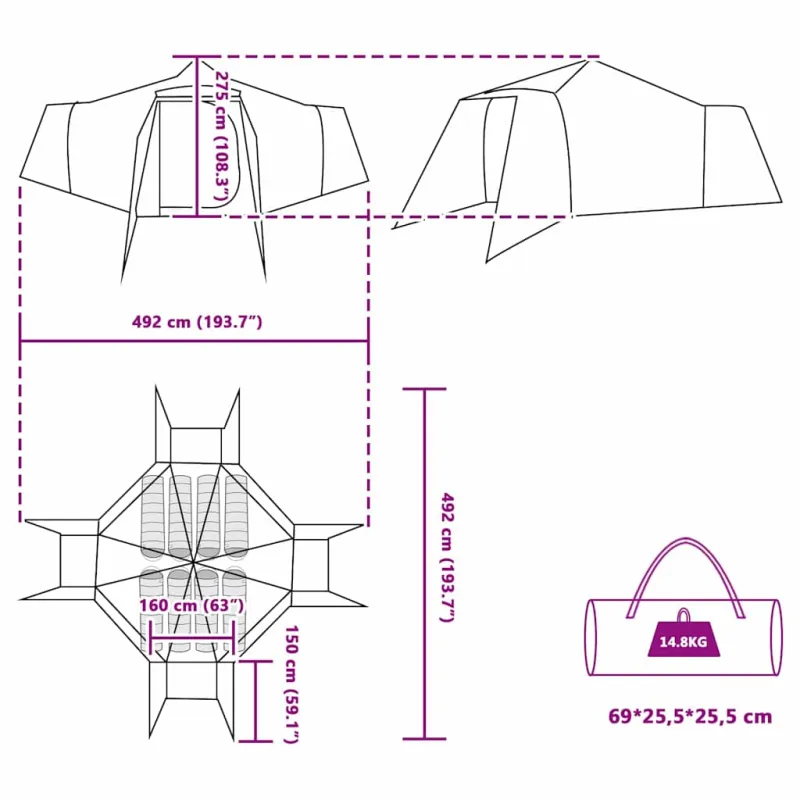 Tipi palapinė su stogu Mėlyna 492 x 492 x 275 cm tafta
