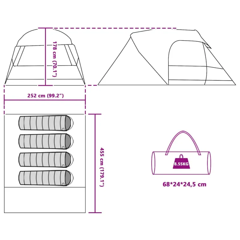 Dome palapinė 4 asmenims su stogu Žalia 455 x 252 x 178 cm