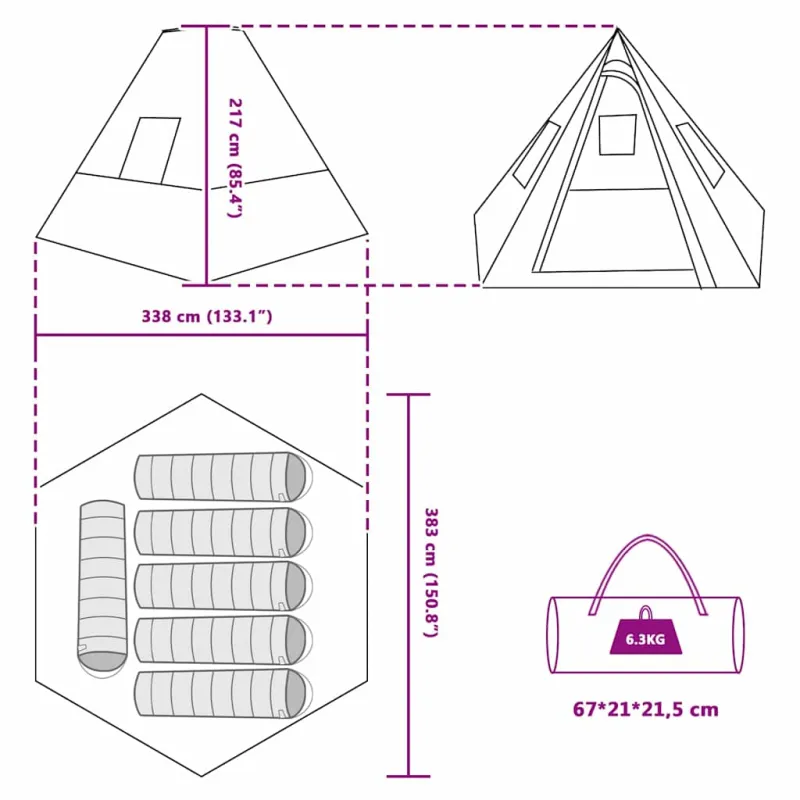 Tipi palapinė su stogu Žalia 383 x 338 x 217 cm tafta