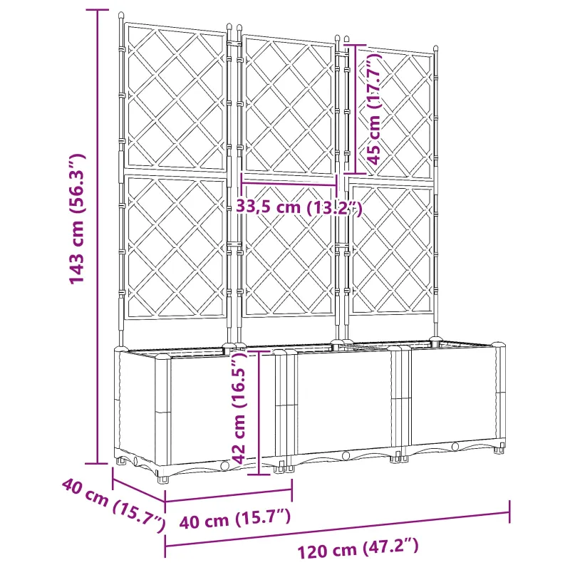 Sodo vazonas 3 pcs Pilka 120 x 40 x 143 cm Plastmasė