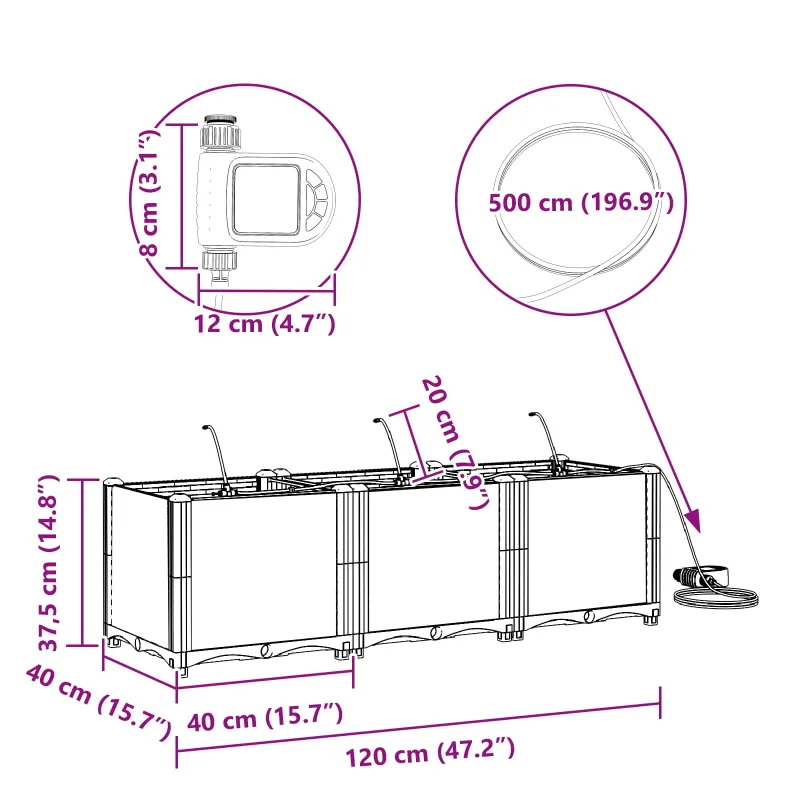 Sodo vazonas 3 pcs Pilka 120 x 40 x 37,5 cm Plastmasė