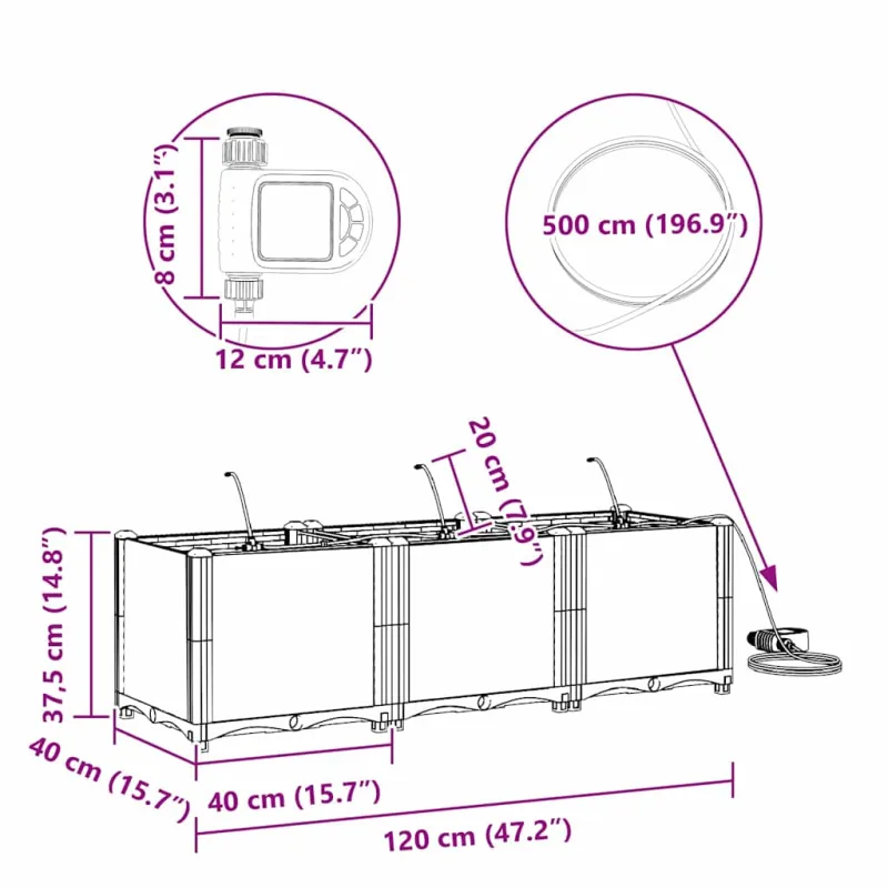 Sodo vazonas 3 pcs Baltas 120 x 40 x 37,5 cm Plastmasė