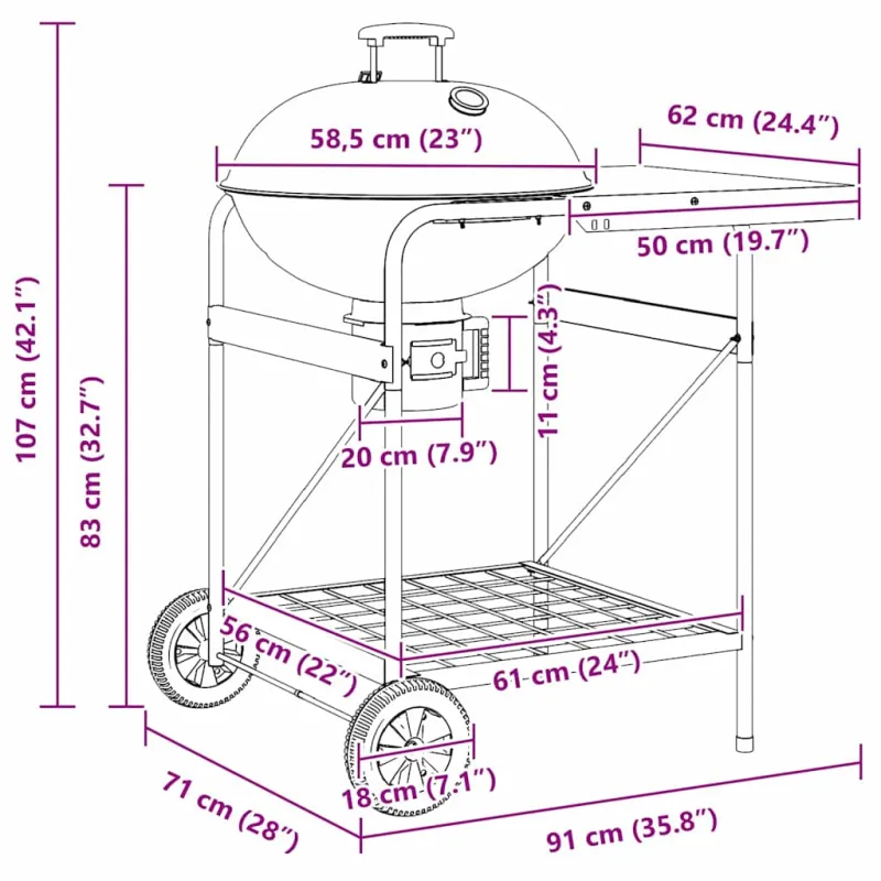 Lauko grilis su ratu Juoda 91 x 71 x 107 cm metalas