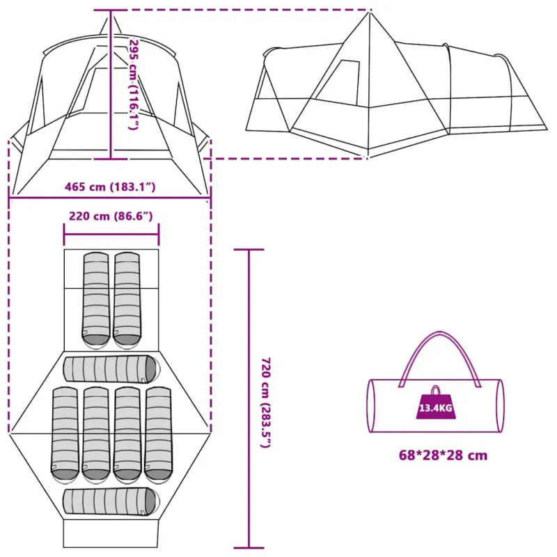 Teepee palapinė 8 asmenims su stogu Mėlyna 720 x 465 x 295 cm