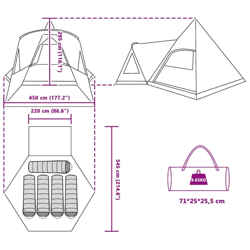 Teepee palapinė 5 žmonėms su stogu Žalia 545 x 450 x 295 cm