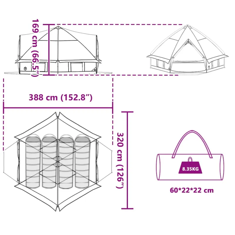 Teepee palapinė 4-iems asmenims su stogu Pilka ir oranžinė