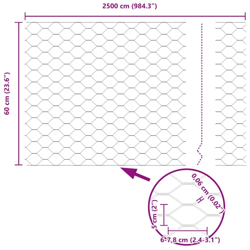 Heksagoninė tvora Sidabro 0,6 x 25 m Galvanizuotas plienas
