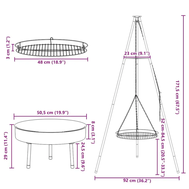 Laužavietės trikojis 3 pcs Juoda Plienas