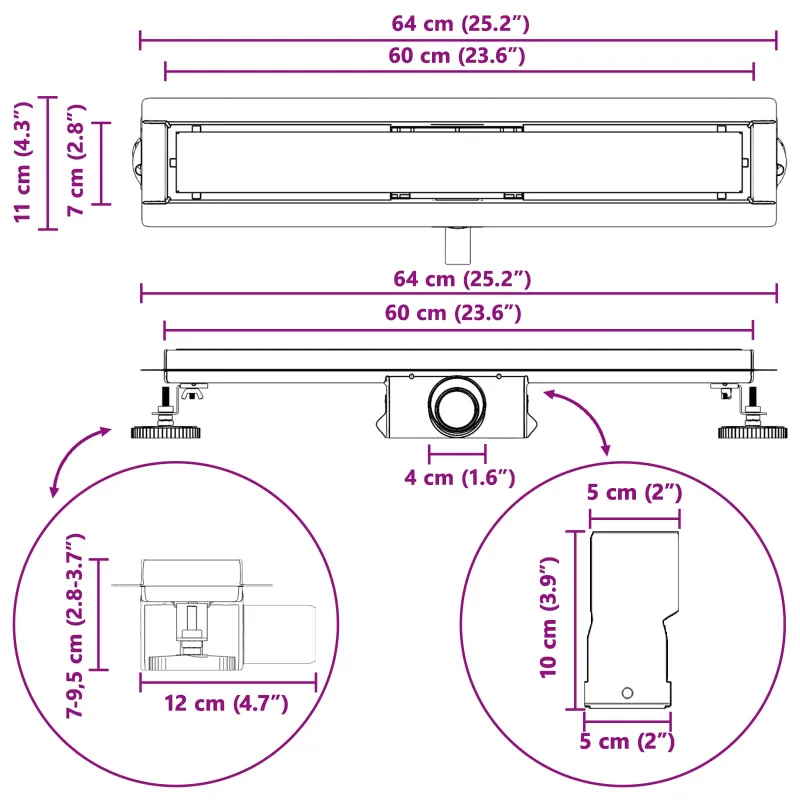 Dušo nutekėjimas su stiklo dangteliu Juoda 60 cm
