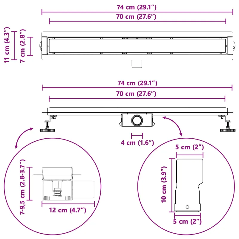 Dušo nutekėjimas su stiklo dangteliu Juoda 70 cm