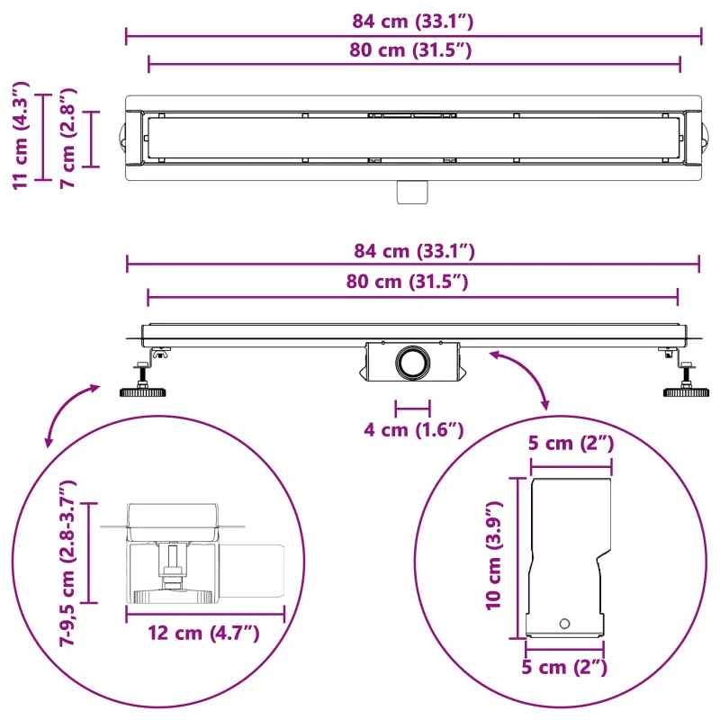 Dušo nutekėjimas su stiklo dangteliu Juoda 80 cm