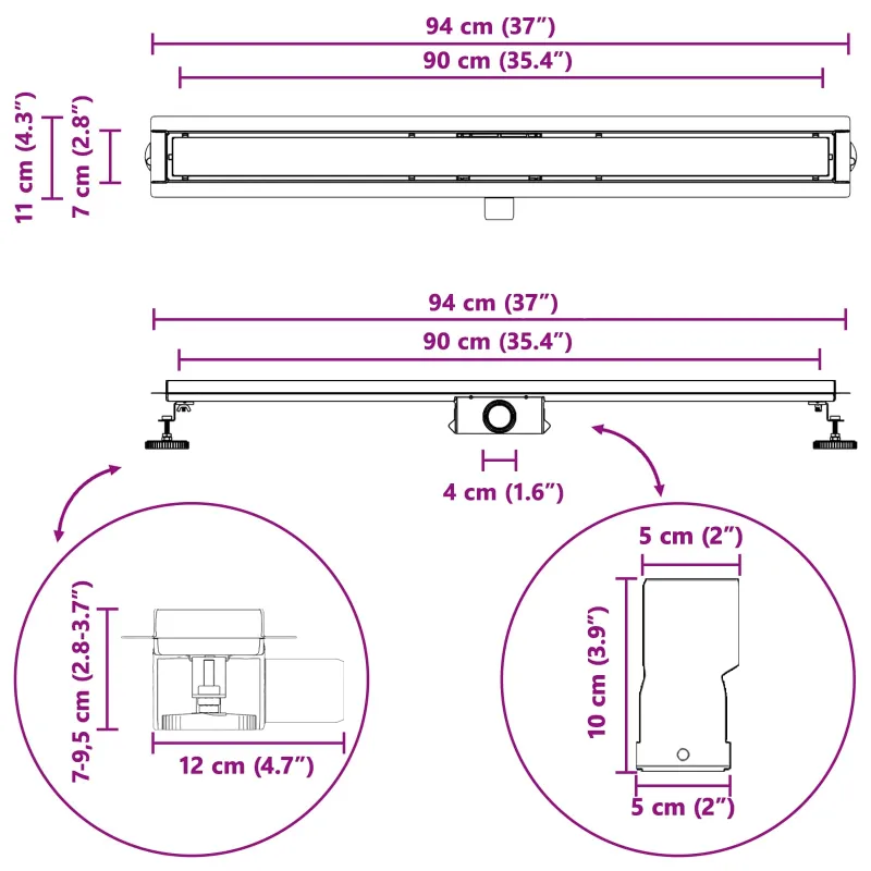Dušo nutekėjimas su stiklo dangteliu Juoda 90 cm