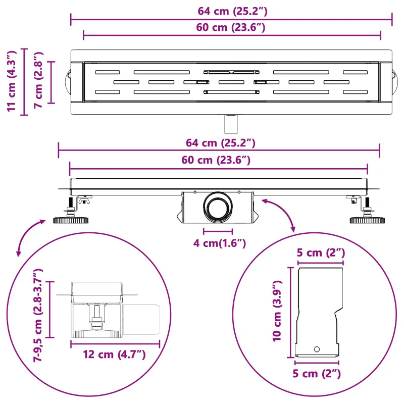 Dušo nutekėjimas su linijiniu dizainu Sidabro 60 cm