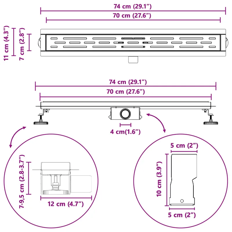Dušo nutekėjimas su linijiniu dizainu Sidabro 70 cm