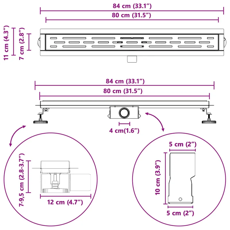 Dušo nutekėjimas su linijiniu dizainu Sidabro 80 cm