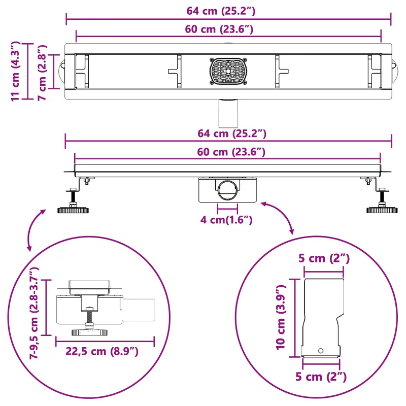 Dušo nuotekų stiklinis dangtelis su 360° sifonu Juoda 60 cm