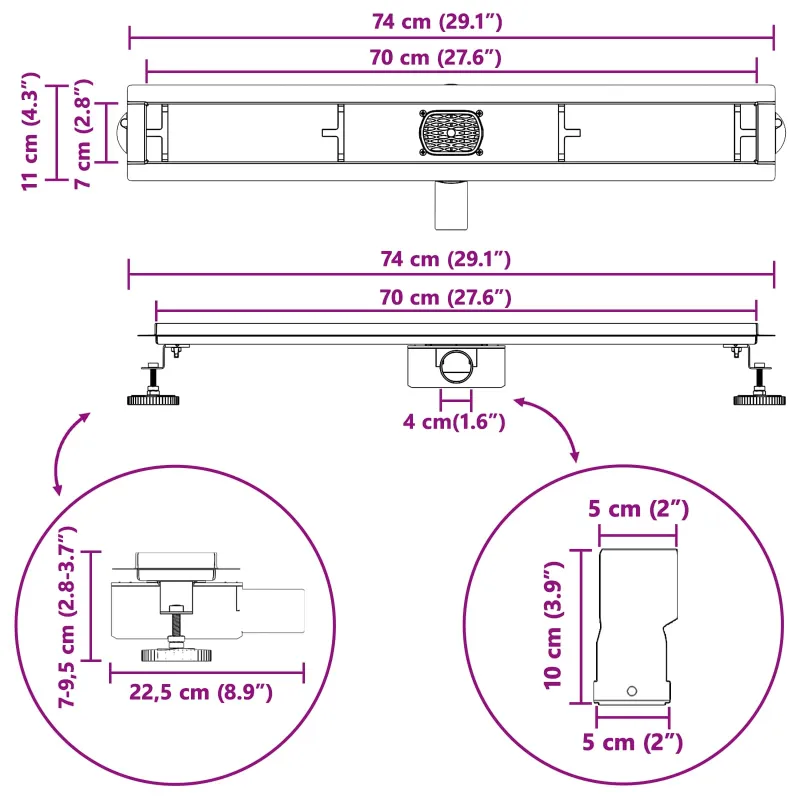 Dušo nuotekų stiklinis dangtelis su 360° sifonu Juoda 70 cm