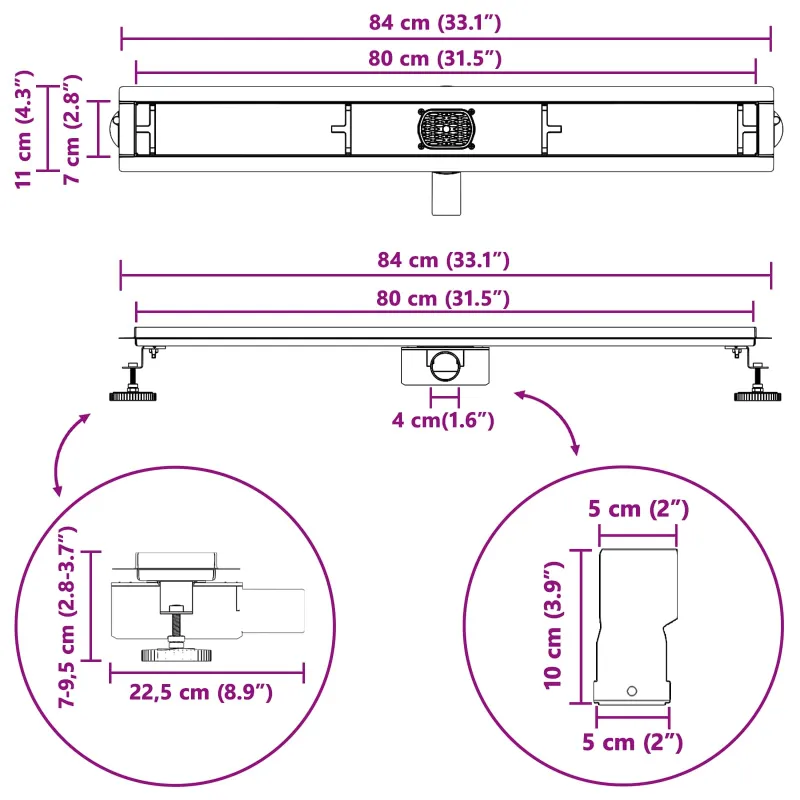 Dušo nuotekų stiklinis dangtelis su 360° sifonu Juoda 80 cm