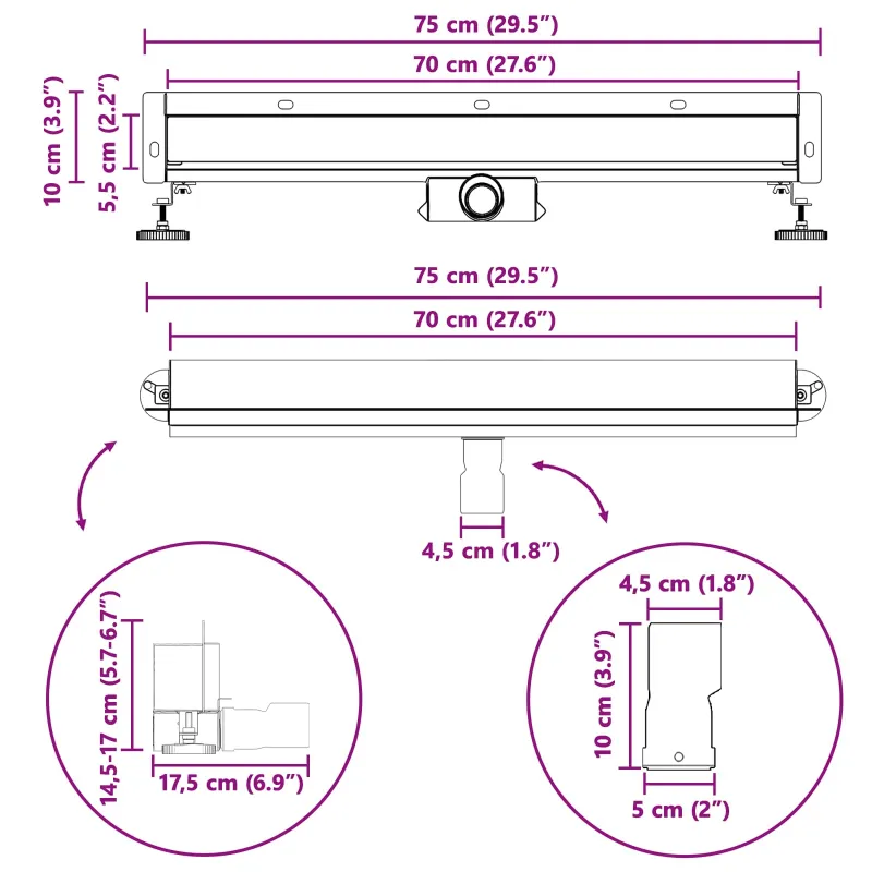 Sieninis dušo drenažas Sidabro 70 cm Nerūdijantis plienas 304