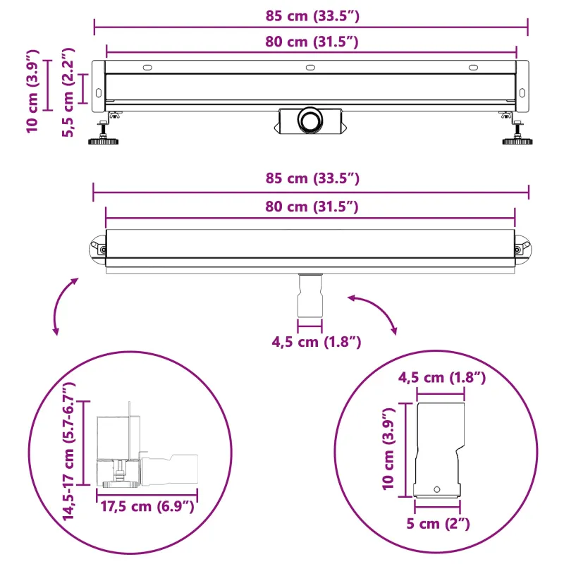 Sieninis dušo drenažas Sidabro 80 cm Nerūdijantis plienas 304