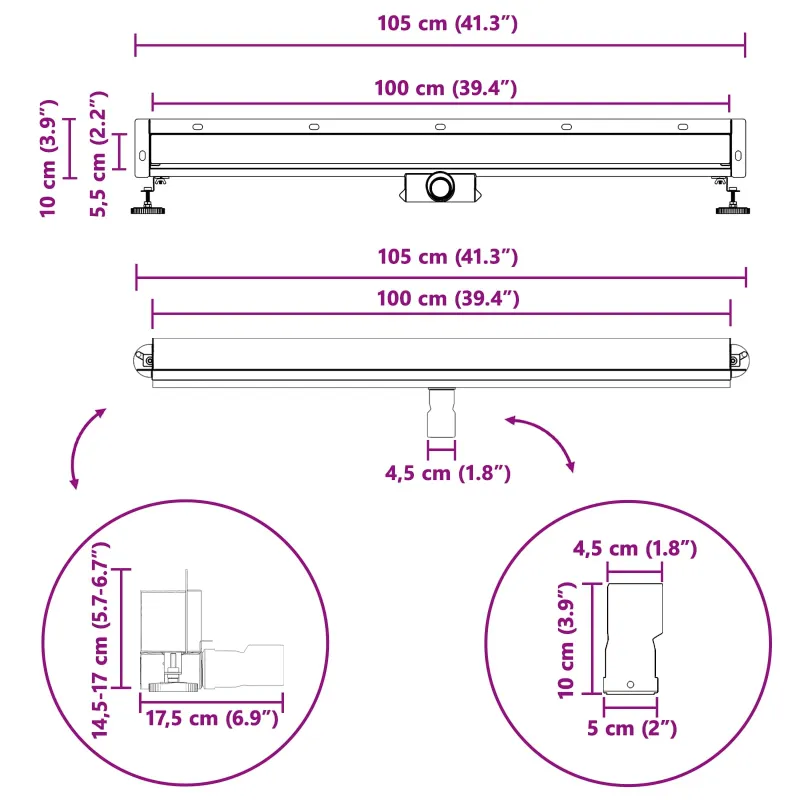 Sieninis dušo drenažas Sidabro 100 cm Nerūdijantis plienas 304