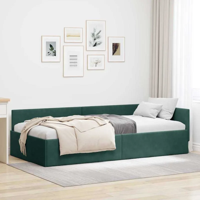 Kampinė lovos konstrukcija Tamsiai žalia 90 cm x 190 cm Aksomas