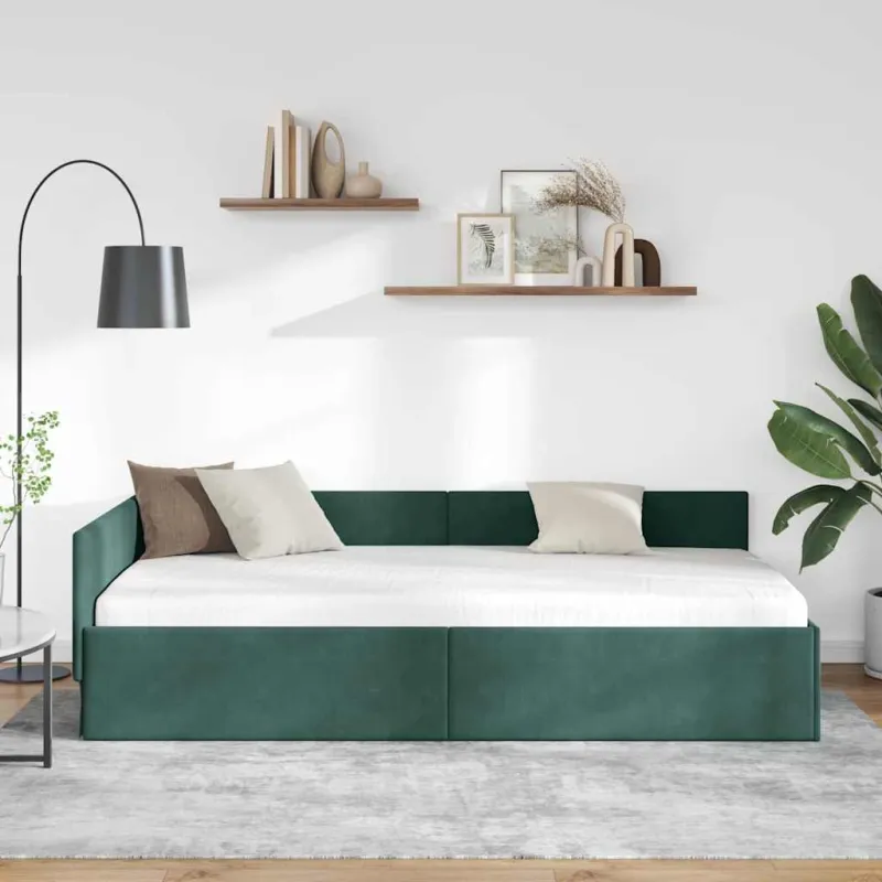 Kampinė lovos konstrukcija Tamsiai žalia 90 cm x 190 cm Aksomas