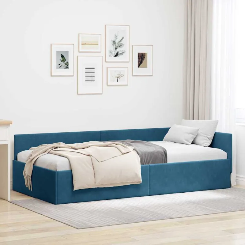 Kampinė lovos konstrukcija Mėlyna 90 cm x 200 cm Aksomas