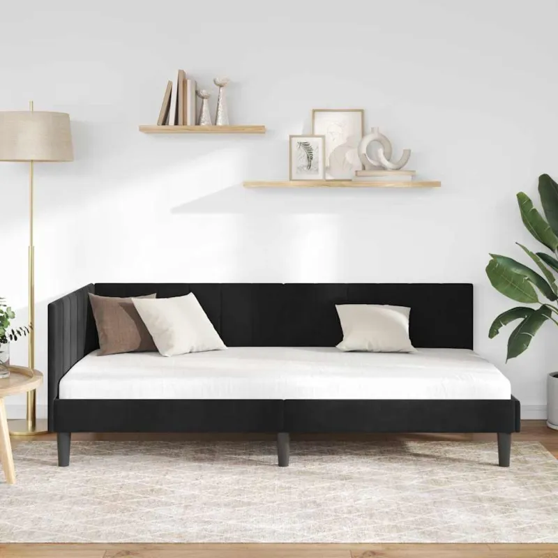 Kampinė lovos konstrukcija Juoda 90 cm x 190 cm Aksomas