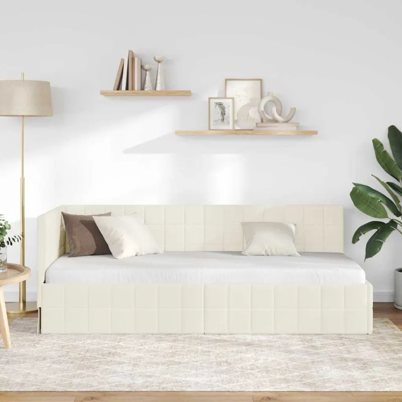 Kampinė lovos konstrukcija Kreminė 80 cm x 200 cm Aksomas