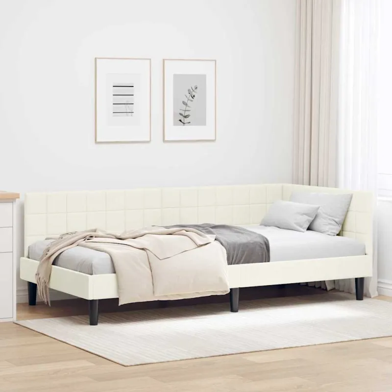 Kampinė lovos konstrukcija Kreminė 90 cm x 190 cm Aksomas