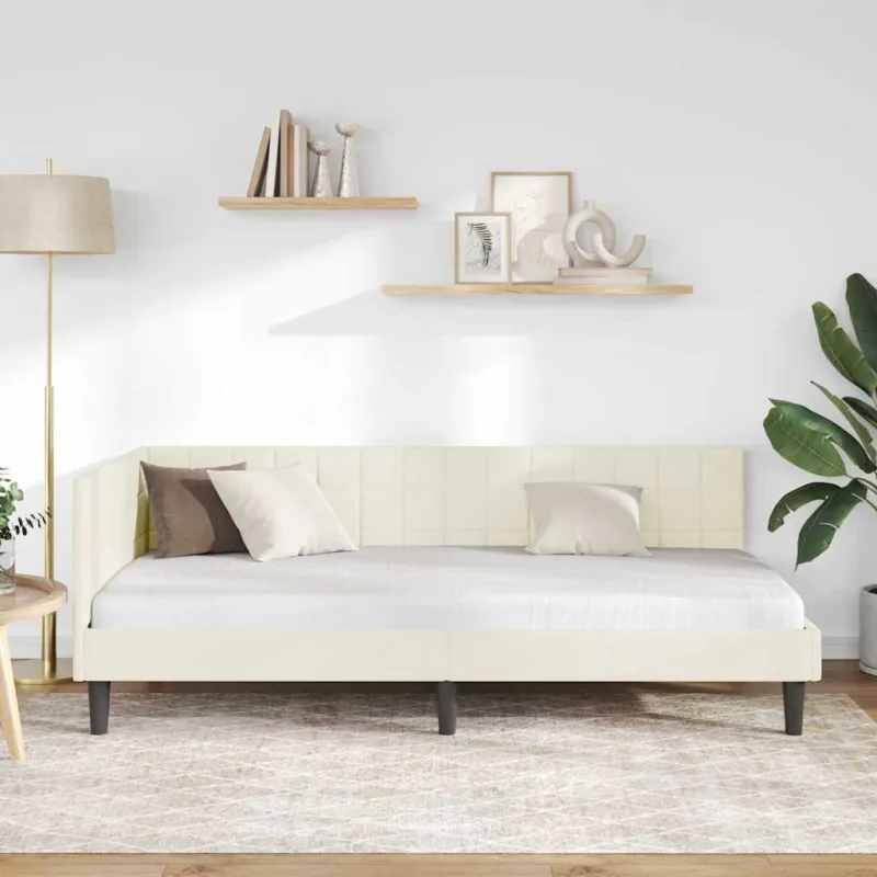 Kampinė lovos konstrukcija Kreminė 90 cm x 190 cm Aksomas