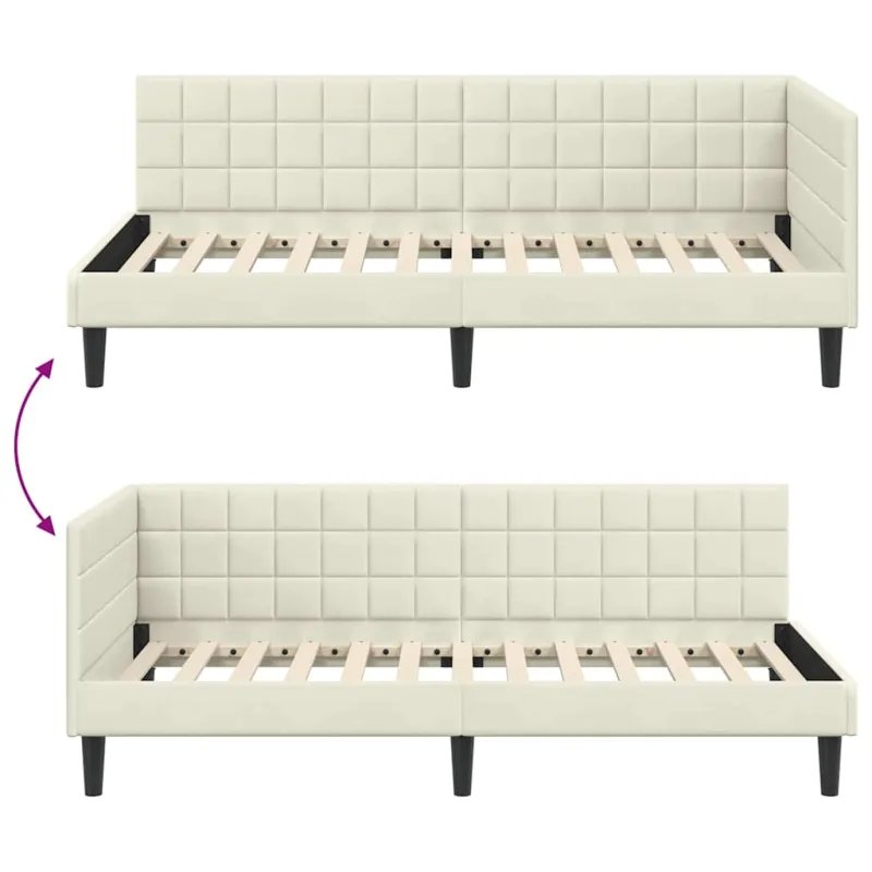 Kampinė lovos konstrukcija Kreminė 90 cm x 190 cm Aksomas