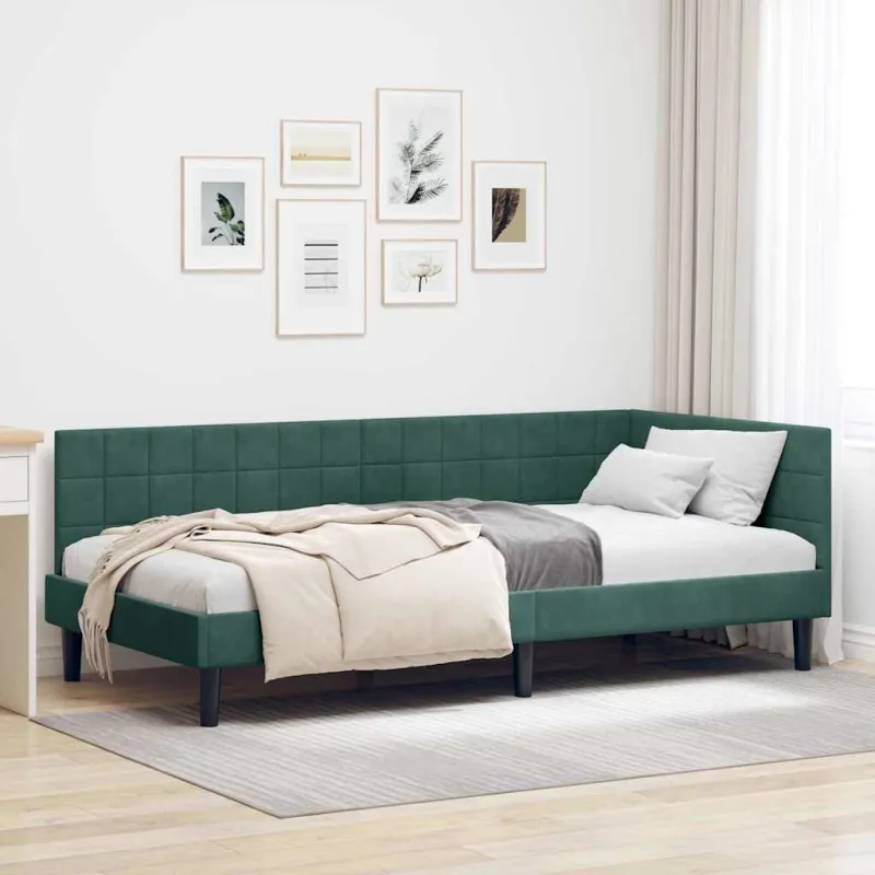 Kampinė lovos konstrukcija Tamsiai žalia 90 cm x 200 cm Aksomas