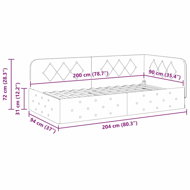 Kampinė lovos konstrukcija Juodas 90 x 200 cm audinys