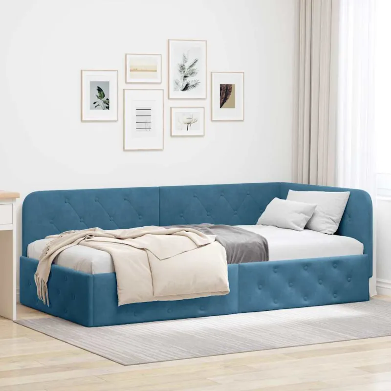 Kampinė lovos konstrukcija Mėlyna 90 x 200 cm Aksomas