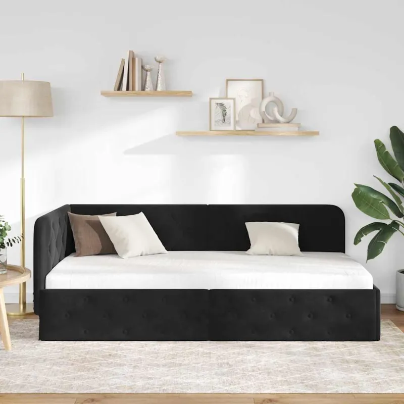 Kampinė lovos konstrukcija Juodas 90 x 200 cm Aksomas
